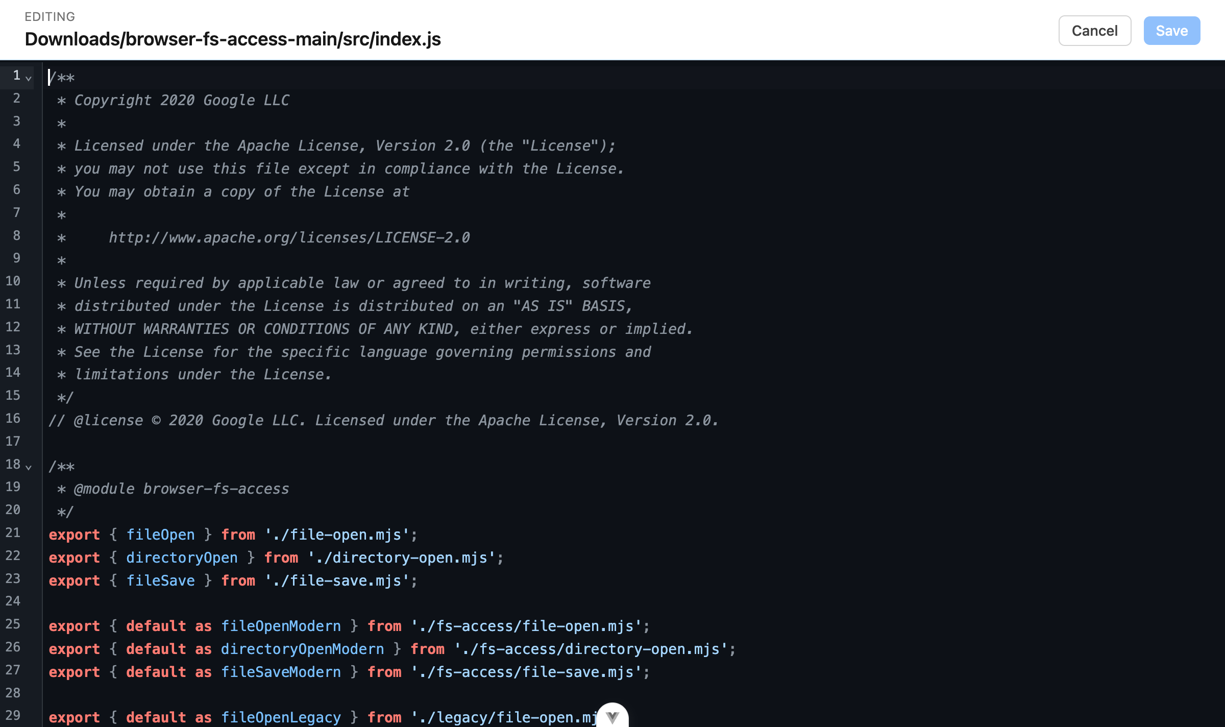 JavaScript file open in nextExplorer's built-in editor