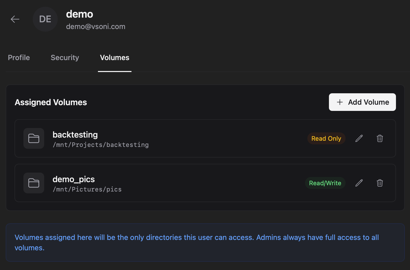 User profile volumes tab
