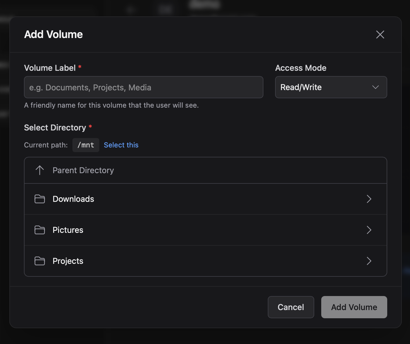 User profile volumes tab